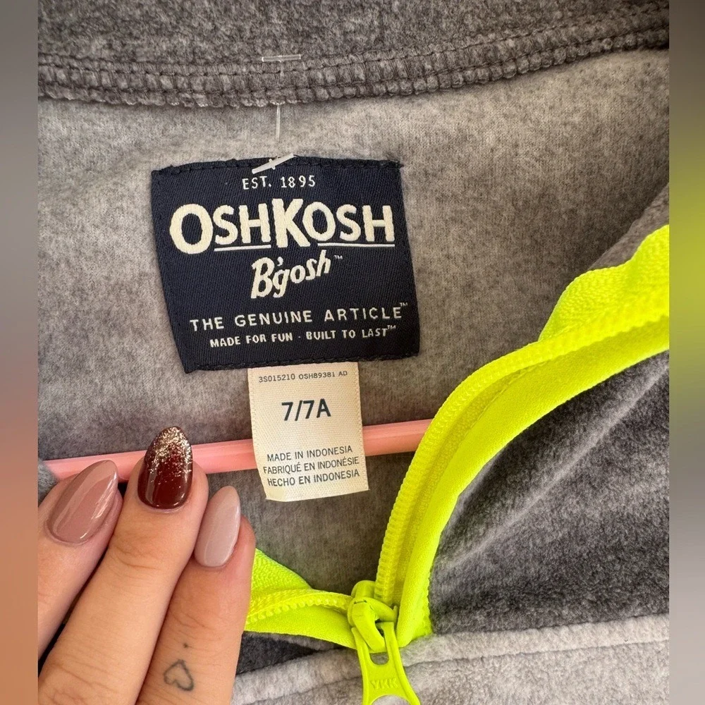 Oshkosh‎ B'gosh Kids Fleece Pullover Sweatshirt 7 7A Gray Neon Yellow Pocket